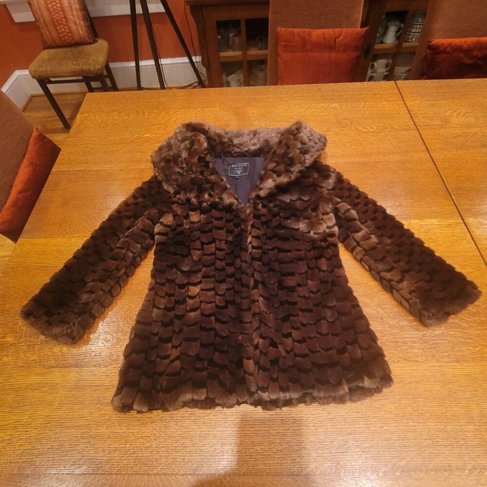 Guess Brown Faux Fur Peter Pan Collar 3/4 Sleeves Coat Size Medium
